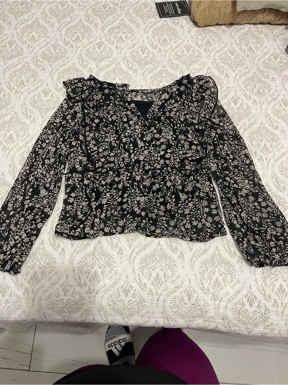 art class Black and Cream Floral Ruffle Long-Sleeve Blouse